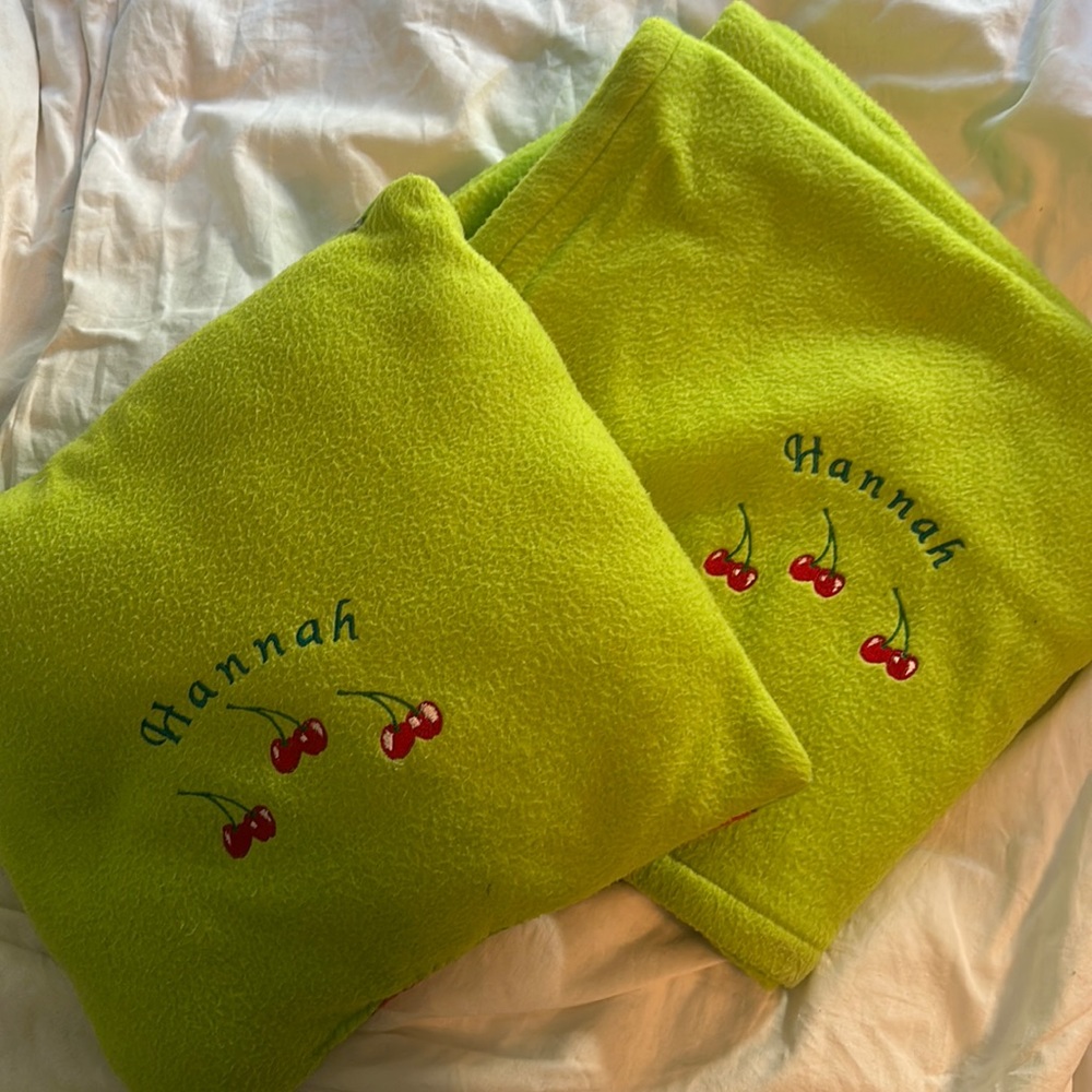 Handmade “Hannah” fleece cherry print pillow and blanket